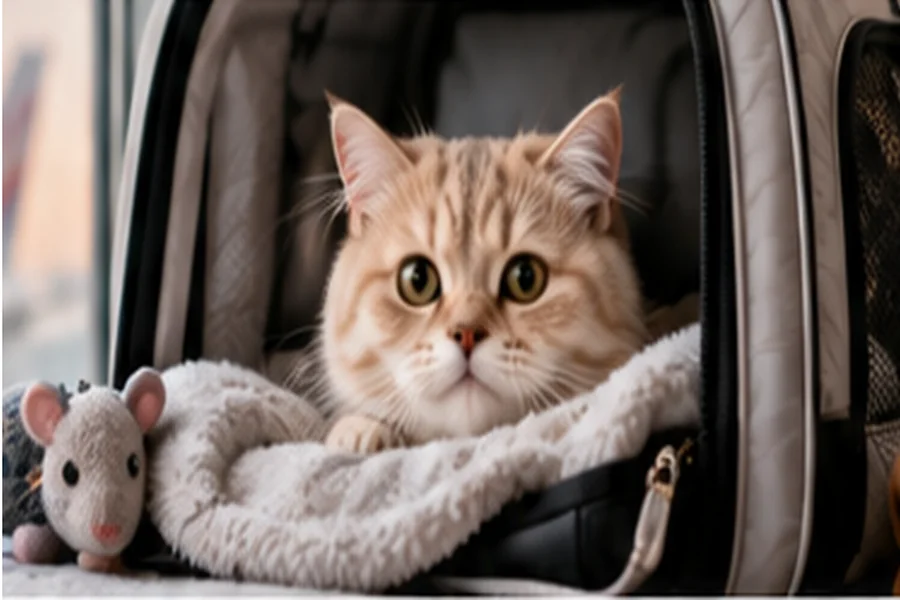 A small dog waits in a ventilated travel carrier at the airport.
