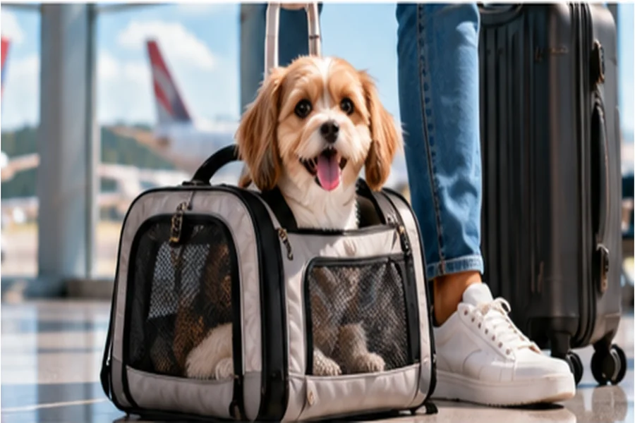 A small dog waits in a ventilated travel carrier at the airport.